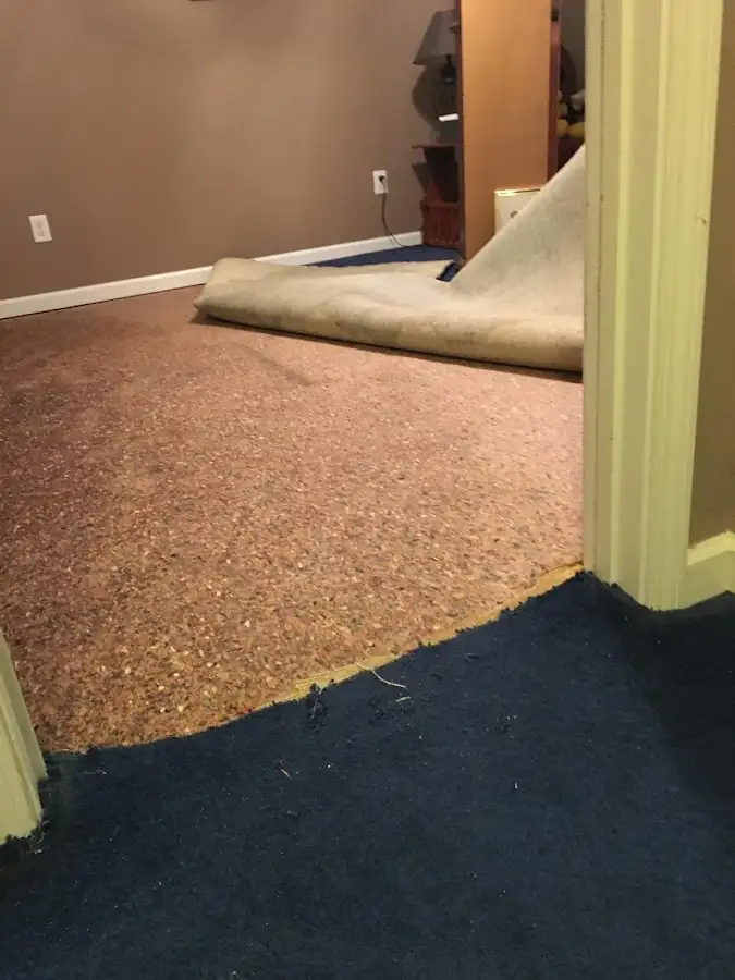 Carpet pad removal revealing water damage during Water Mitigation Services in Tullahoma